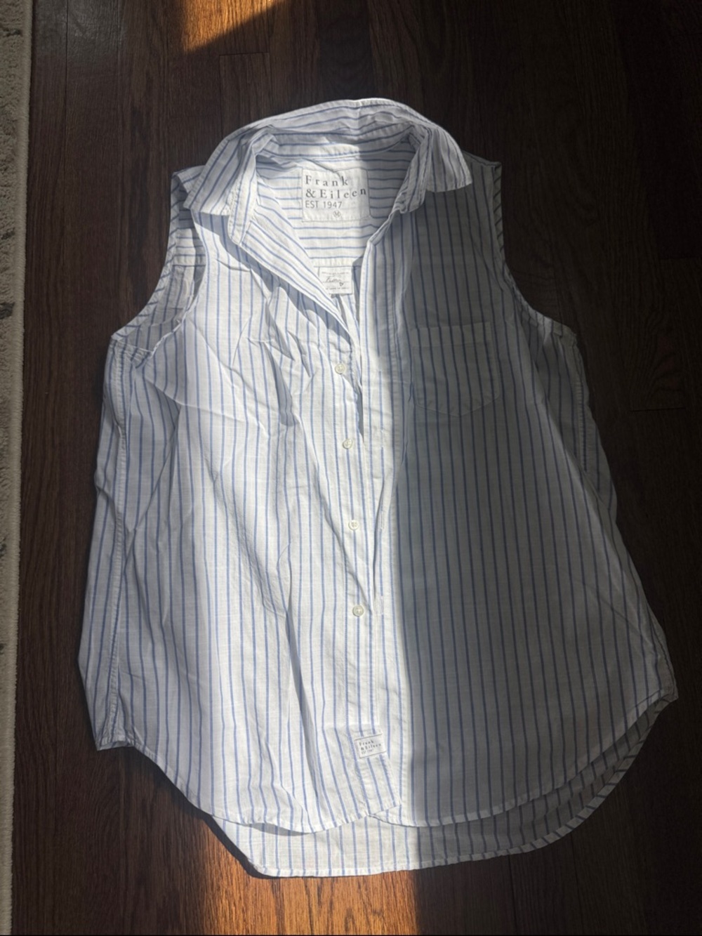 Frank & Eileen Sleeveless Button-Down - White with Blue Stripes